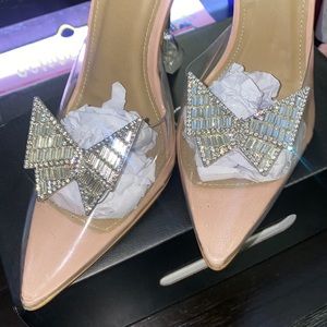 Clear Nude heels slide 4 inch never worn with silver butterfly